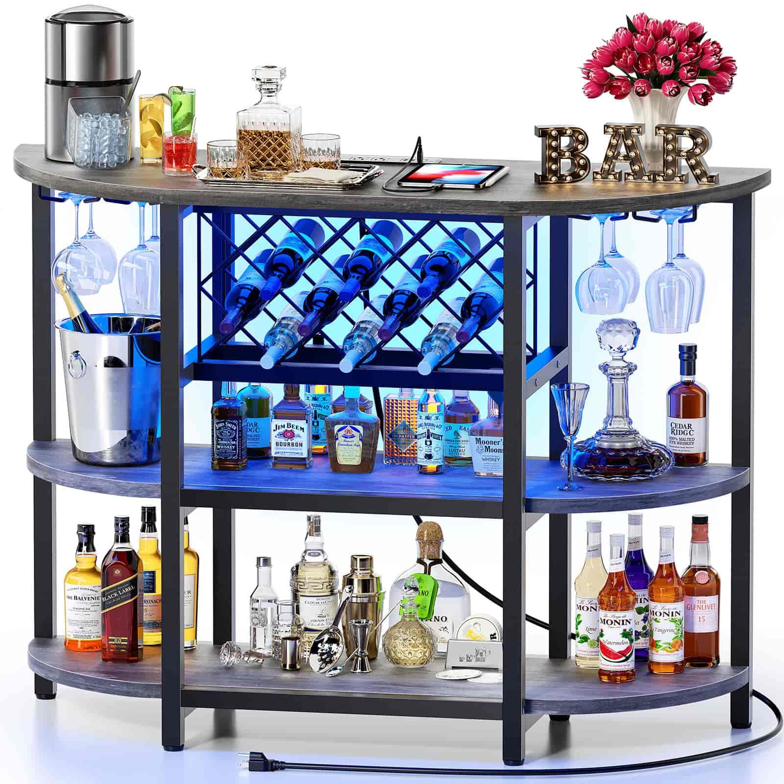 Mua Bar Table with Power Outlet, LED Home Mini Bar for