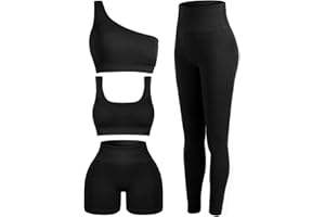 Floraltop 4 Pcs Women's Workout Sets Pilates Exercise Outfit Ribbed Scoop Neck Sports Bra Shorts Leggings Gym Clothes Set