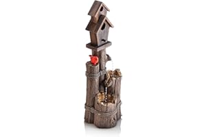 Alpine Corporation 35" Tall Outdoor 3-Tier Birdhouse Water Fountain with Cardinal Accent, Rustic Floor Decor for Garden and Patio, Brown