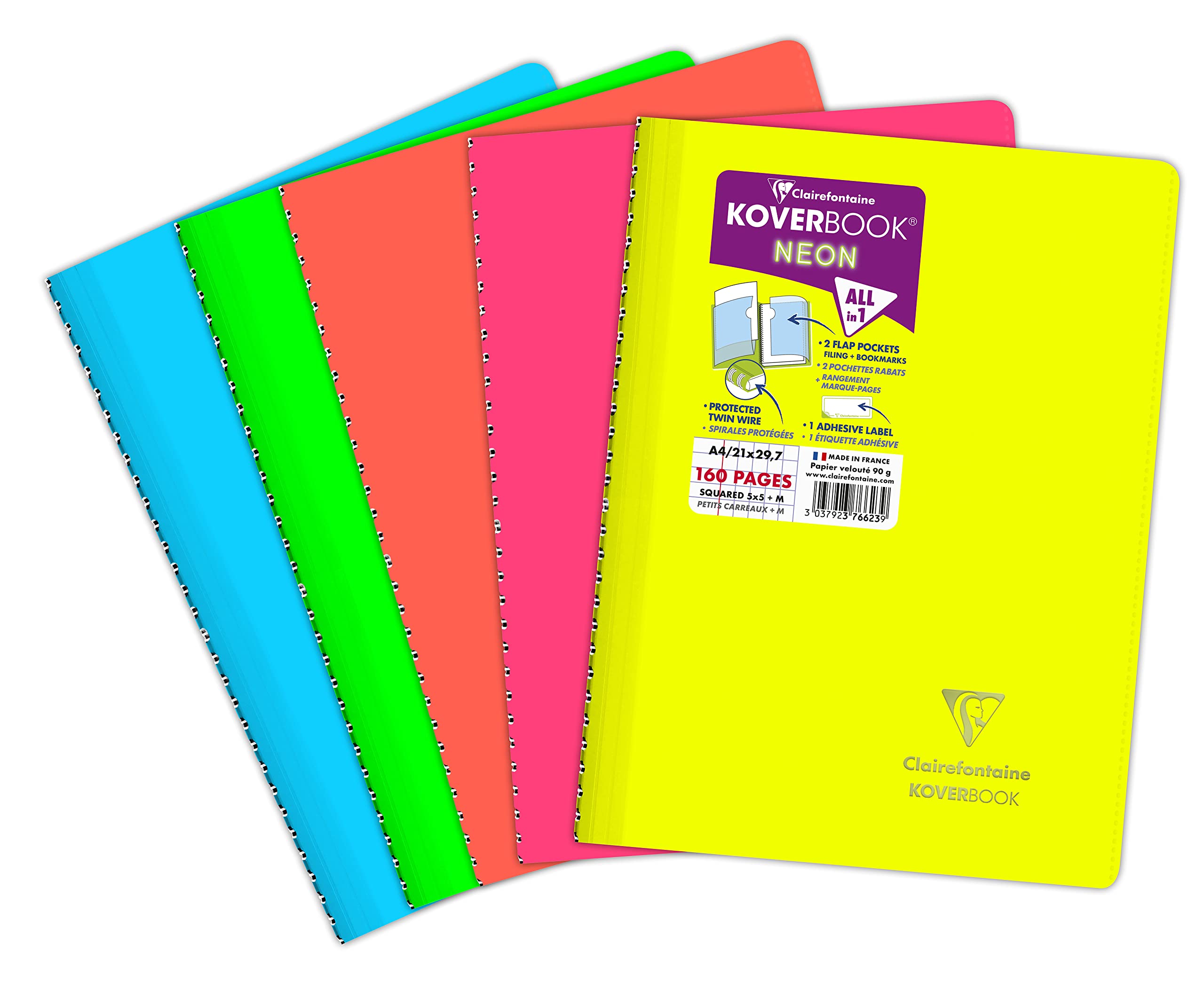Clairefontaine 376623C Spiral Notebook Koverbook Neon A4 21x29,7cm - 160 Pages Small Squares w/ Margin - White Paper 90g - Opaque Polypro Cover - Random Colour