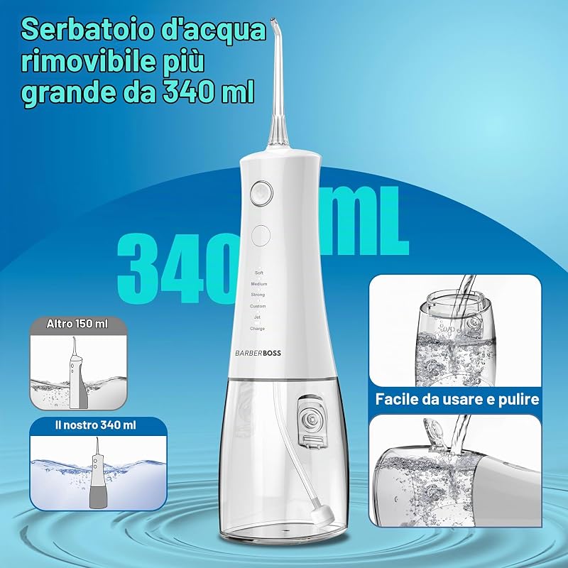Idropulsore Advanced, 5 modalità di pressione e serbatoio capiente da 340 ml, irrigatore orale impermeabile IPX8, 4 punte a getto e blocco da viaggio, idropulsore portatile QR-7104 (bianco)