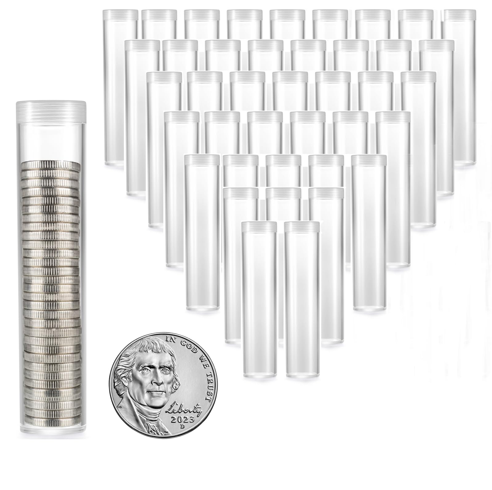 Photo 1 of MUDOR 40 Pack Coin Storage Tube for Nickel, Plastic Coin Holders Tube with Screw-On Caps, Coin Collection Supplies,Long-Term Coin Storage (Nickel)