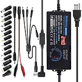 Universal Power Supply 3V~24V 6A 144W Adjustable Variable 3V 5V 9V 12V 18V 20V 24V AC/DC Adapter Charger, 100V-240V AC to DC Converter with 14 Tips, Polarity Converter and 4-Way Power Splitter Cable