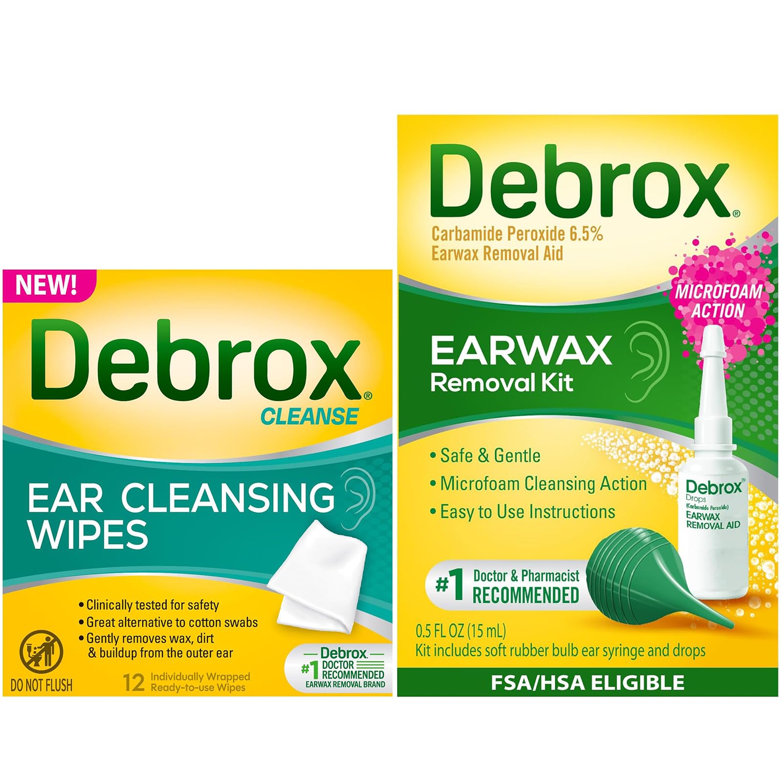 Debrox Ear Cleansing Wipes and Removal Kit, 12 Individually Wrapped Ear Cleaner Wipes, Bulb Syringe & 0.5 Fl Oz Ear Wax Removal Drops