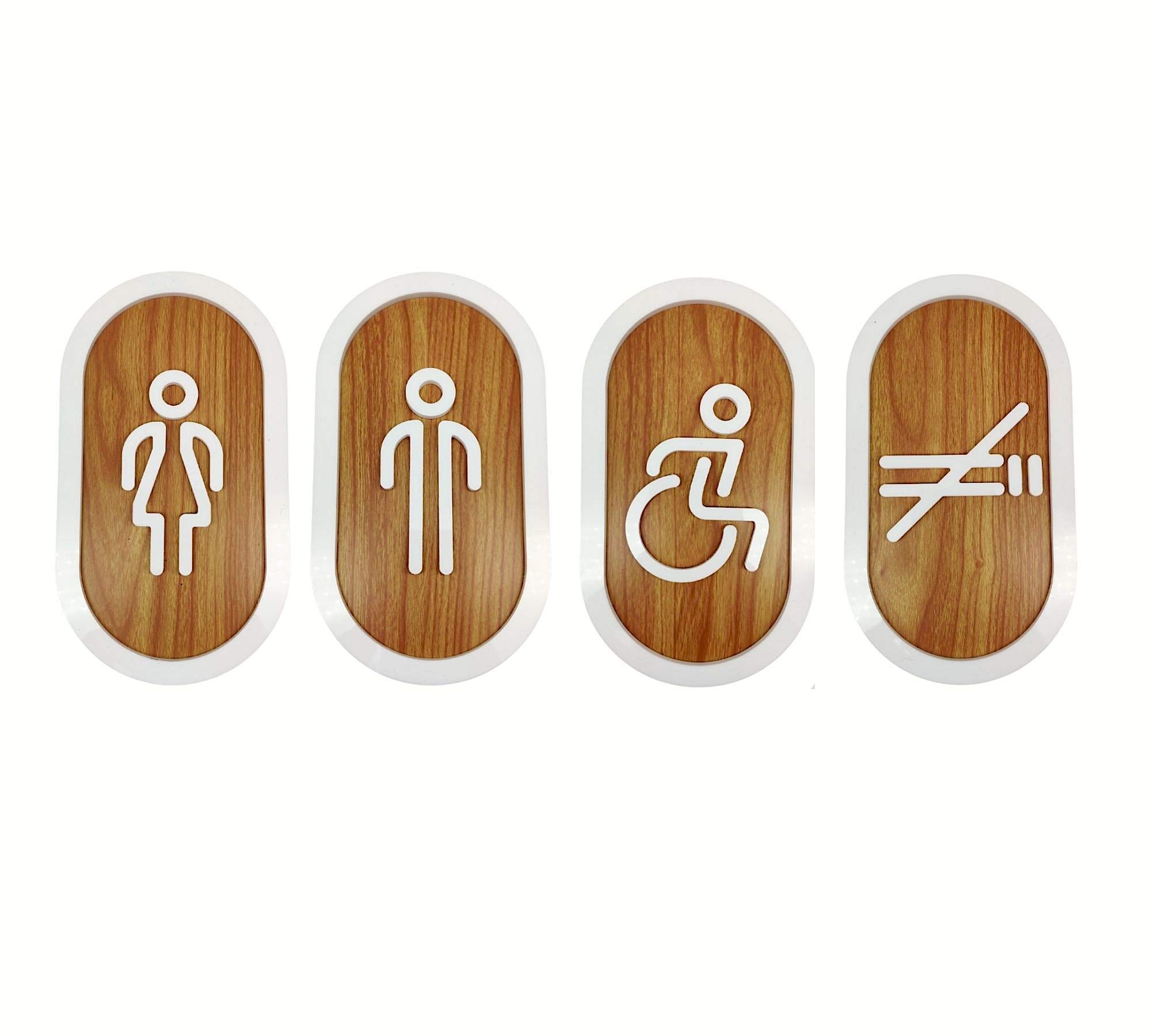 DOJA BARCELONA | Toilet Door Sign Acrylic Sticker | Ladies+Gentlemen+Disabled+No smoking | White-Wood Brown 180x100mm Ø | Adhesive Male-Female WC Signage Board | Wall Bathroom Plaque Man-Woman Signs