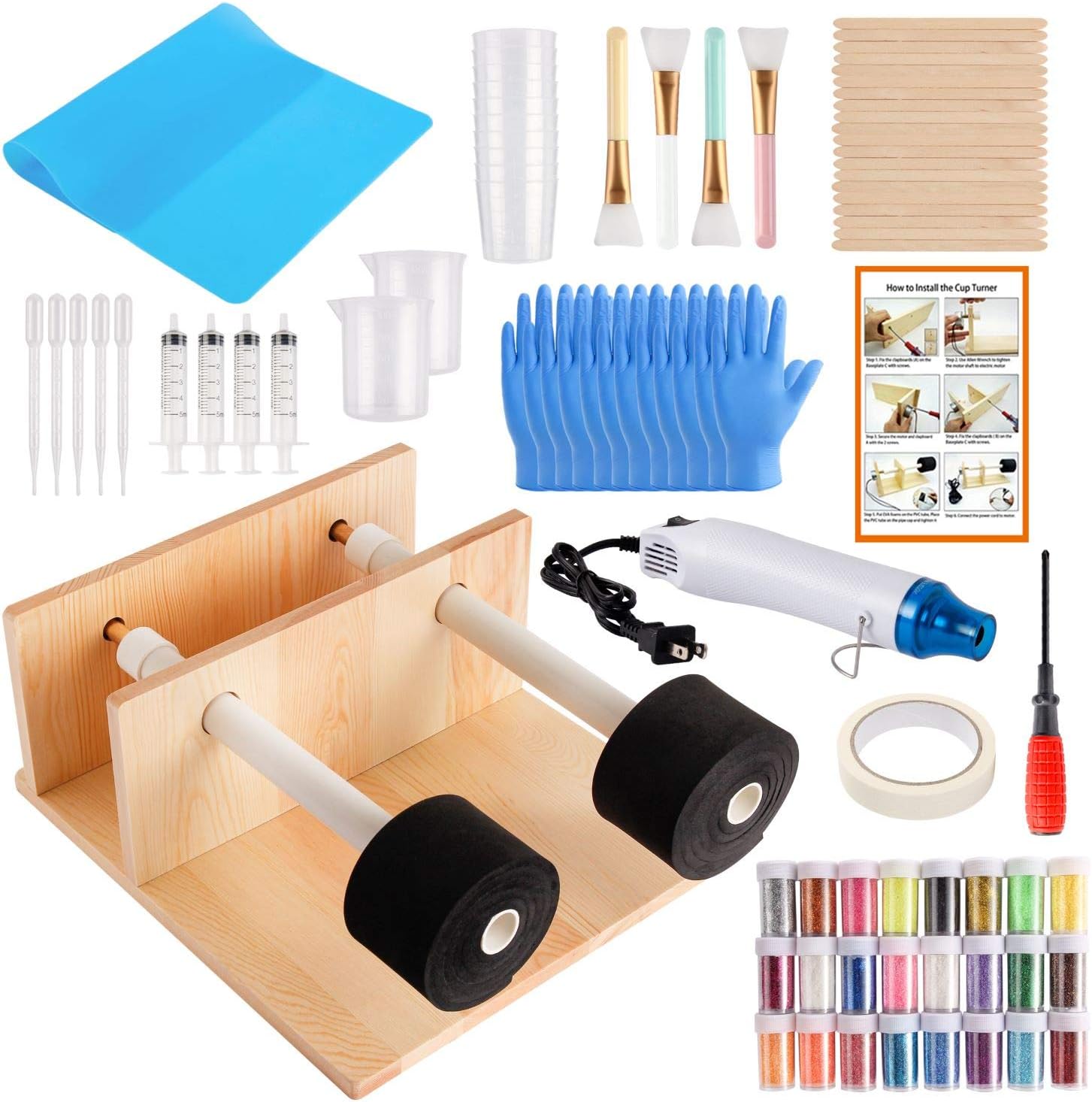 Yaromo Epoxy Glitter Tumbler Full Kits with 2 Combo Cup Turner, Bubble Buster Tool, 24 Pieces Glitter Powder, Silicone Mat and Silicone Epoxy Brushes for Crafts Epoxy Tumbler