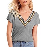 Selene Women Short Sleeve V Neck Tops with Color Blocked Collar Summer Casual Outfits Basic T Shirts Blouse