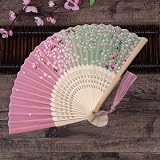 Kibon Folding Fan Handheld Silk Bamboo Tassel Pink 8.3 15in for Props Gift view 7