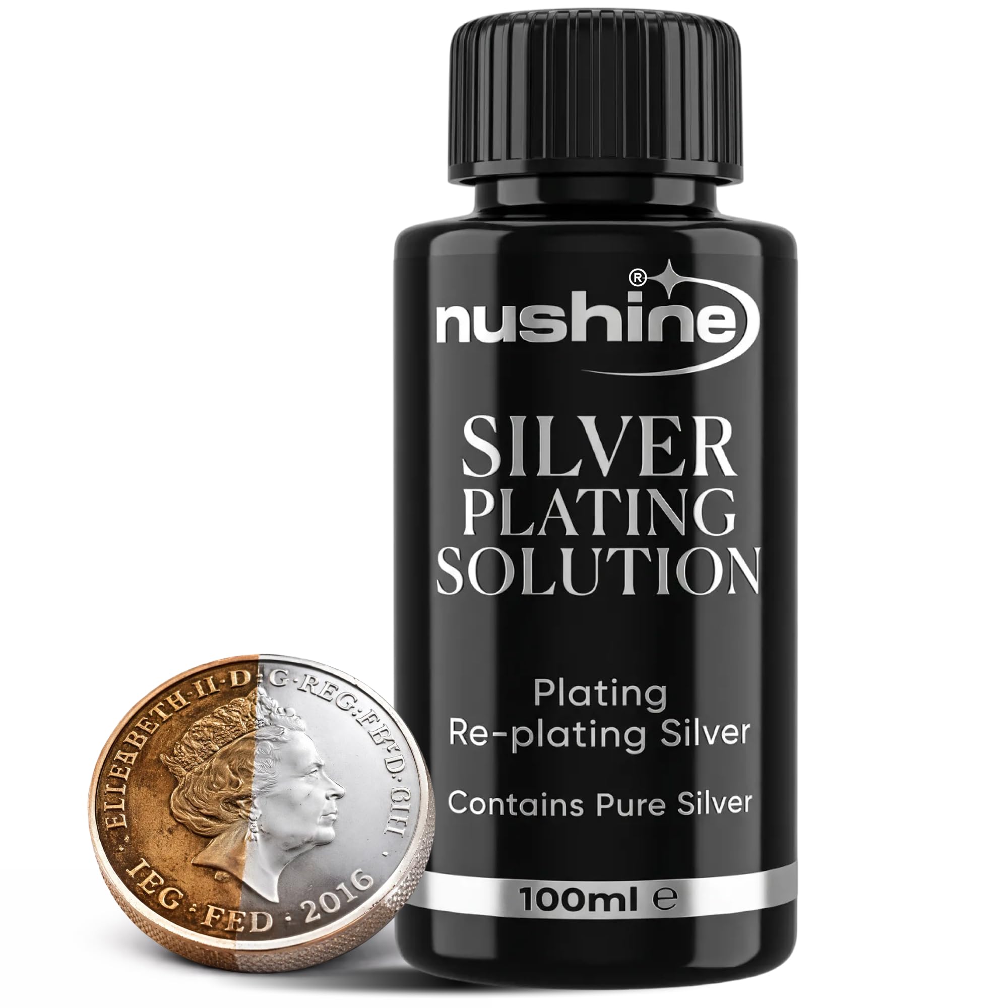 Nushine Silver Plating Solution 100ml - permanently plate PURE SILVER onto worn silver, brass, copper and bronze (eco friendly formula) — image 1