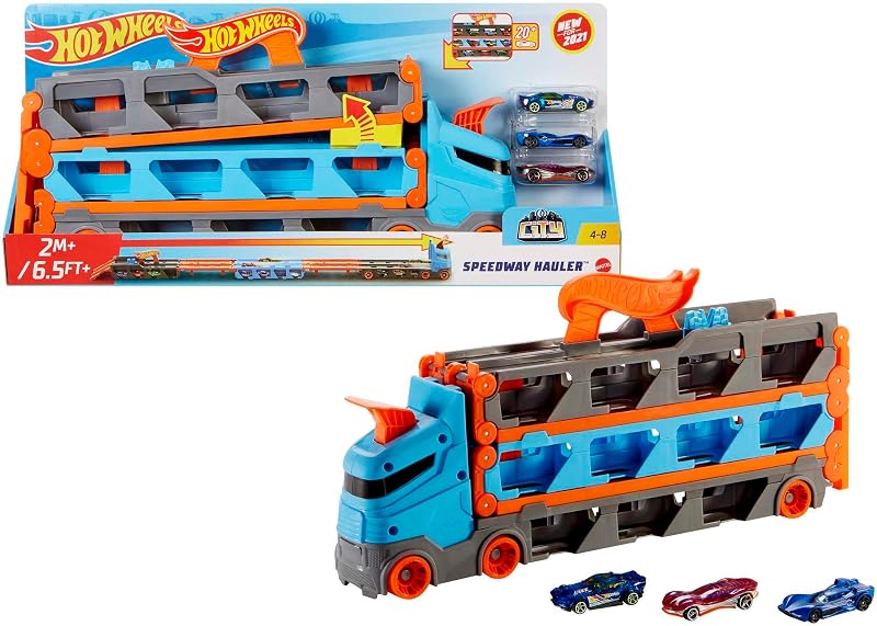 - Super Transporteur Extensible, Piste Camion pour Ranger Jusqu’à 20 véhicules, 3 Voitures incluses, Emballage fermé, Jouet pour Enfant, HGH33