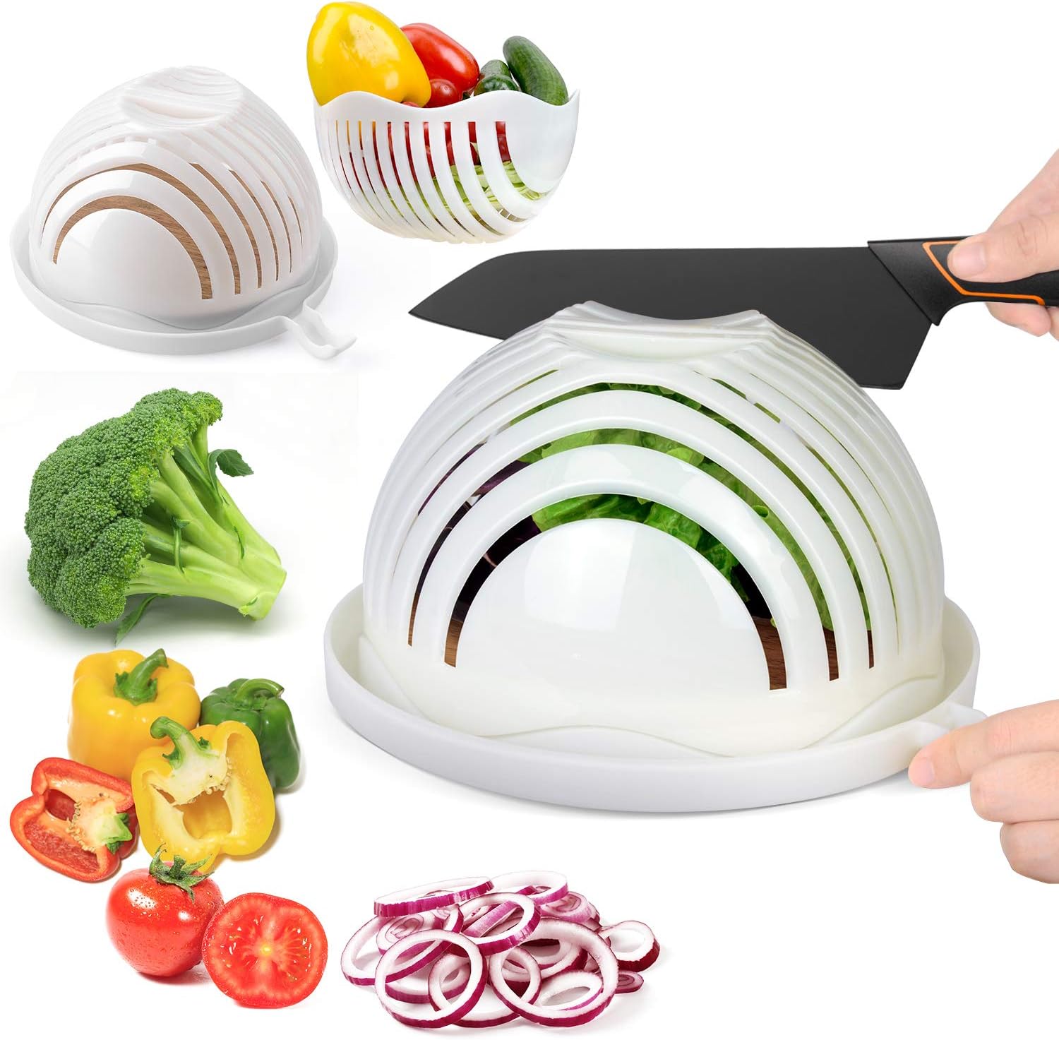 Amazon.com | ESEOE Salad Cutter Bowl, Salad Bowl Family Wooden Base ...