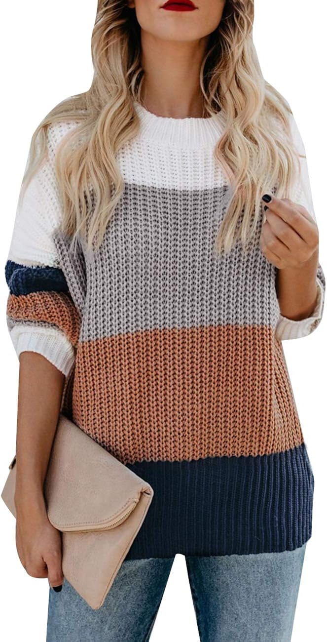 MEROKEETY Women's Crew Neck Long Sleeve Color Block Knit Sweater Casual Pullover Jumper Tops