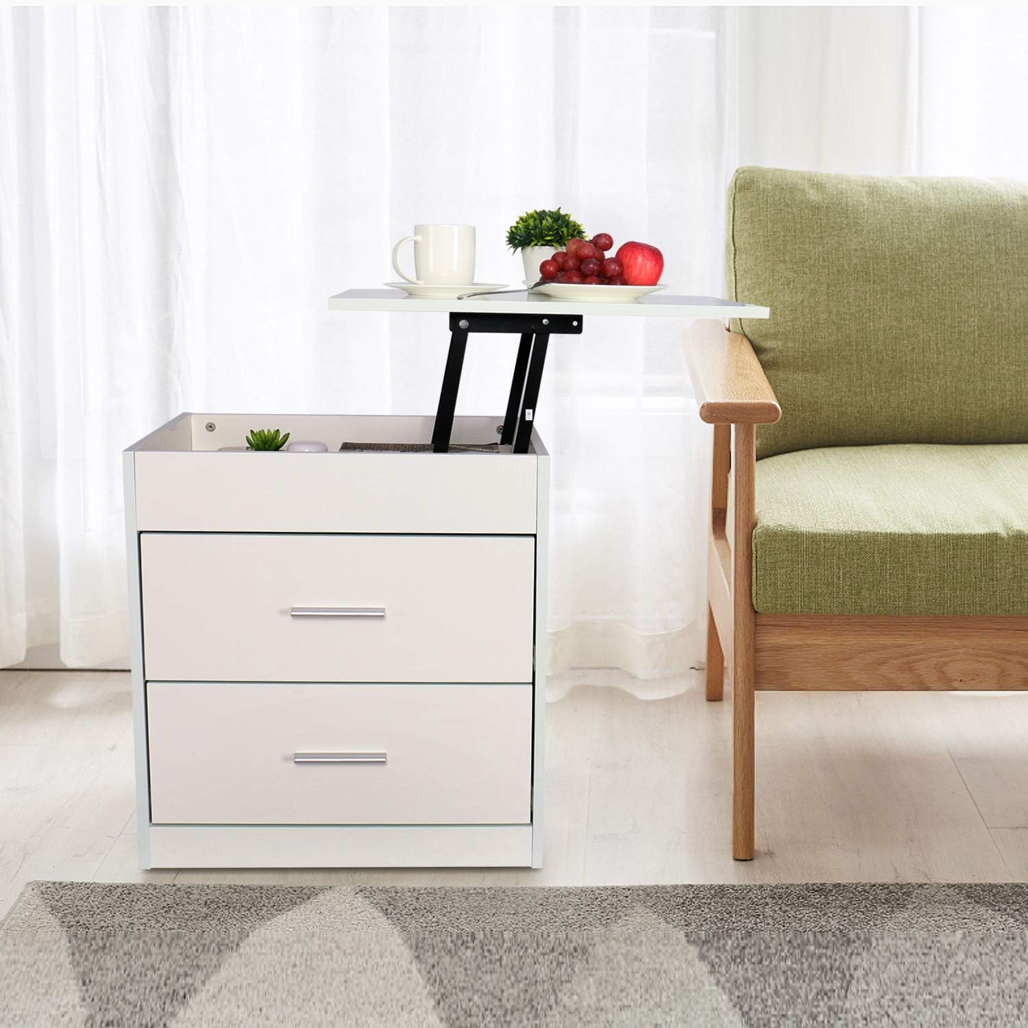 Upgrade Nightstand with Lifting Top, Bedside Desk Height Adjustable Laptop Table with 2 Drawer Storage Cabinet Removable End Table for Bedroom, Home (White): Kitchen & Dining