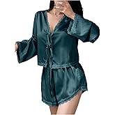 OYOANGLE Women's Satin Pajama Set Lace Trim Long Sleeve Tie Front Top and Shorts Pjs Silky Pajamas