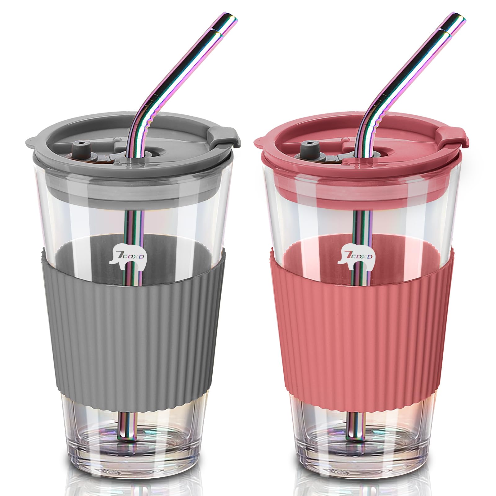 7CDXD 450ml Iced Coffee Cups Reusable 2 Pack Glass Travel Mug with Straws and Lids Leakproof Drinking Glasses for DIY Coffee Milk Beverages Tea and Wine
