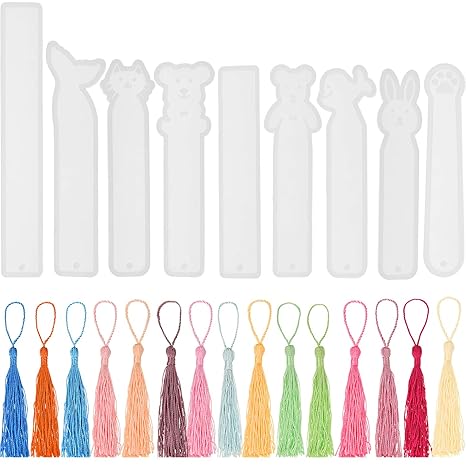 9 Piezas de Molde de Marcapáginas de Silicona y 15 Piezas de Borlas de Manualidades Sedosas