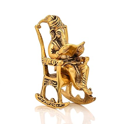 Collectible India Metal Lord Ganesha Reading Ramayana Statue Hindu God Ganesh Ganpati Sitting on Chair Idol Sculpture Home Office Gifts Decor(Size: 5.5 Inches, Golden Finish)