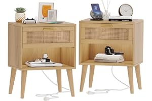 Irontar Nightstands Set of 2, Night Stands with Charging Station & Rattan Drawer, Boho Style Bed Side Tables with Solid Legs, Accent End Table with Open Storage for Bedroom, Natural BZZ007ME02