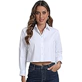 SUNNOW Women's Non Iron Boxy Cropped Button Down Shirt Tailored Long Sleeve Top Wrinkle Free Basic Casual Blouses