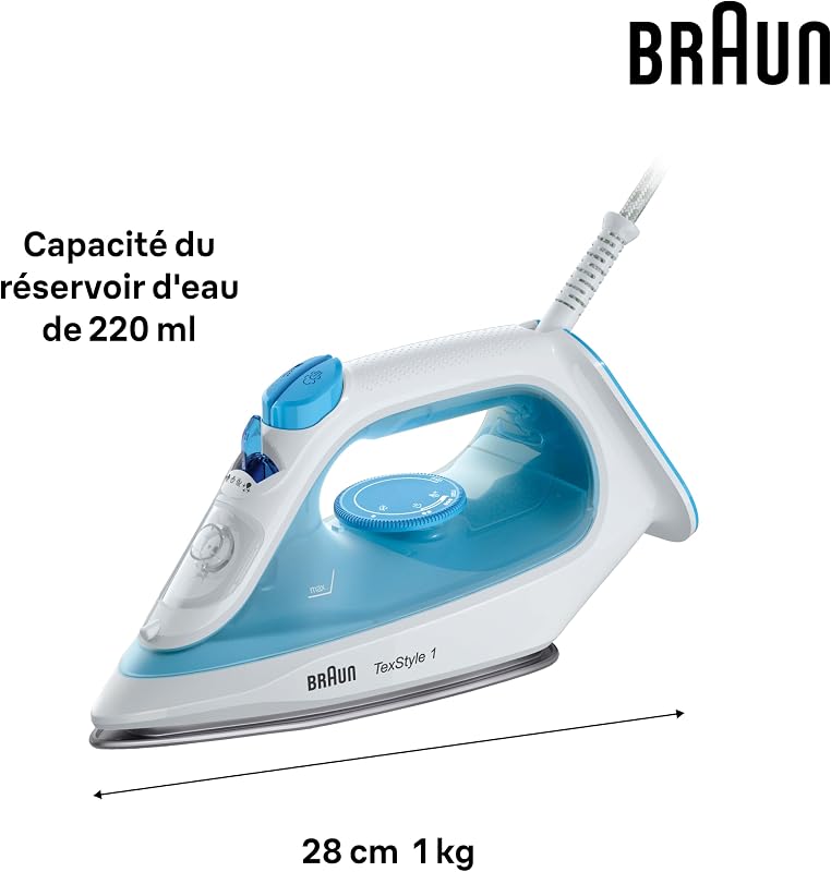 Fer à Repasser TexStyle 1 SI1029BL, Semelle Anti adhésif, 120g/min Jet Vapeur, Fonction Pulvérisation, Chauffe Rapide (35s), Mode Éco, 220ml, 1900W, Azur