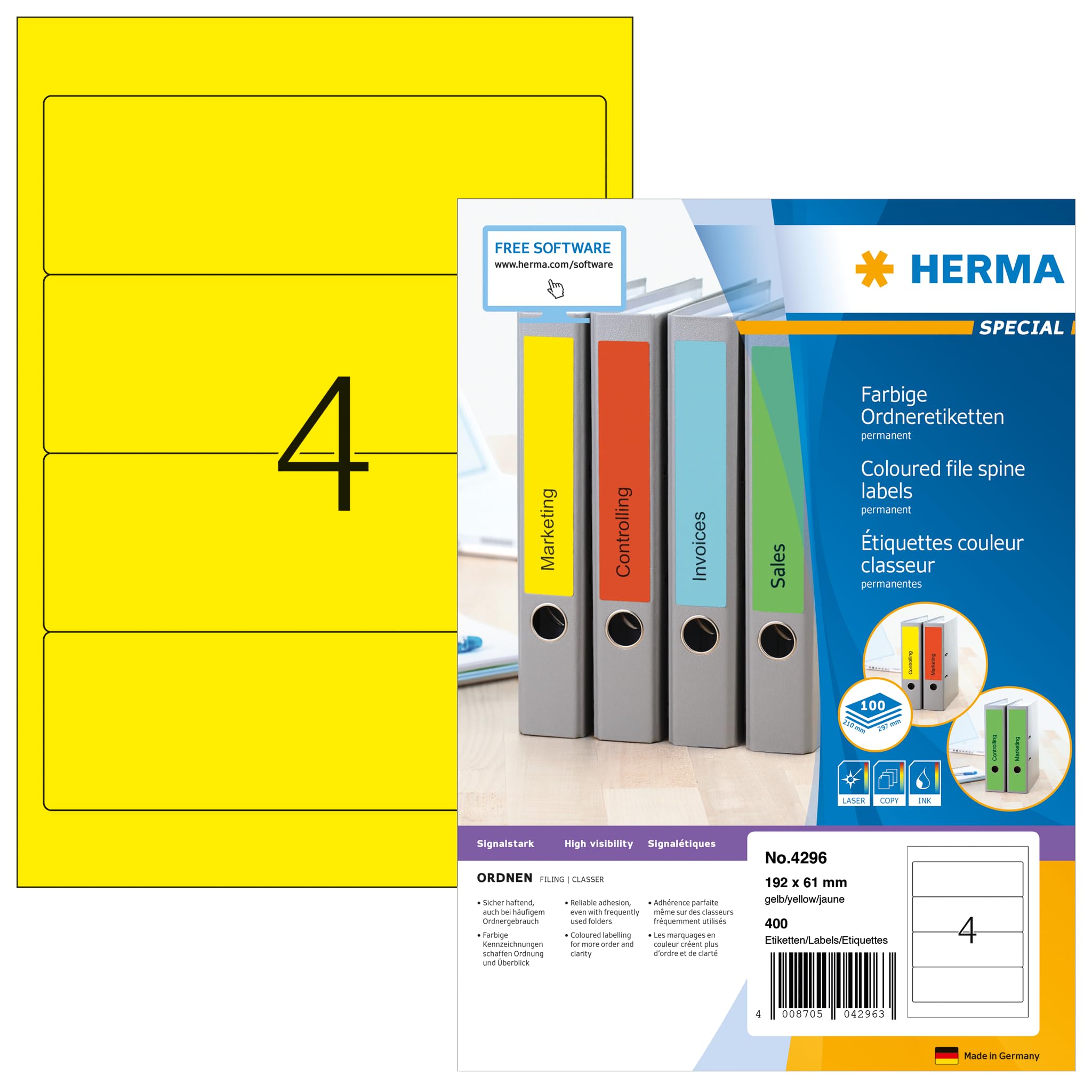 HERMA Self Adhesive Spine Labels, 4 Labels per A4 Sheet, 100 Sheets, 192 x 61 mm, 400 Labels, Blank Lever Arch File Folder Labels Stickers, Sticky Labels for Laser & Inkjet Printer, Yellow