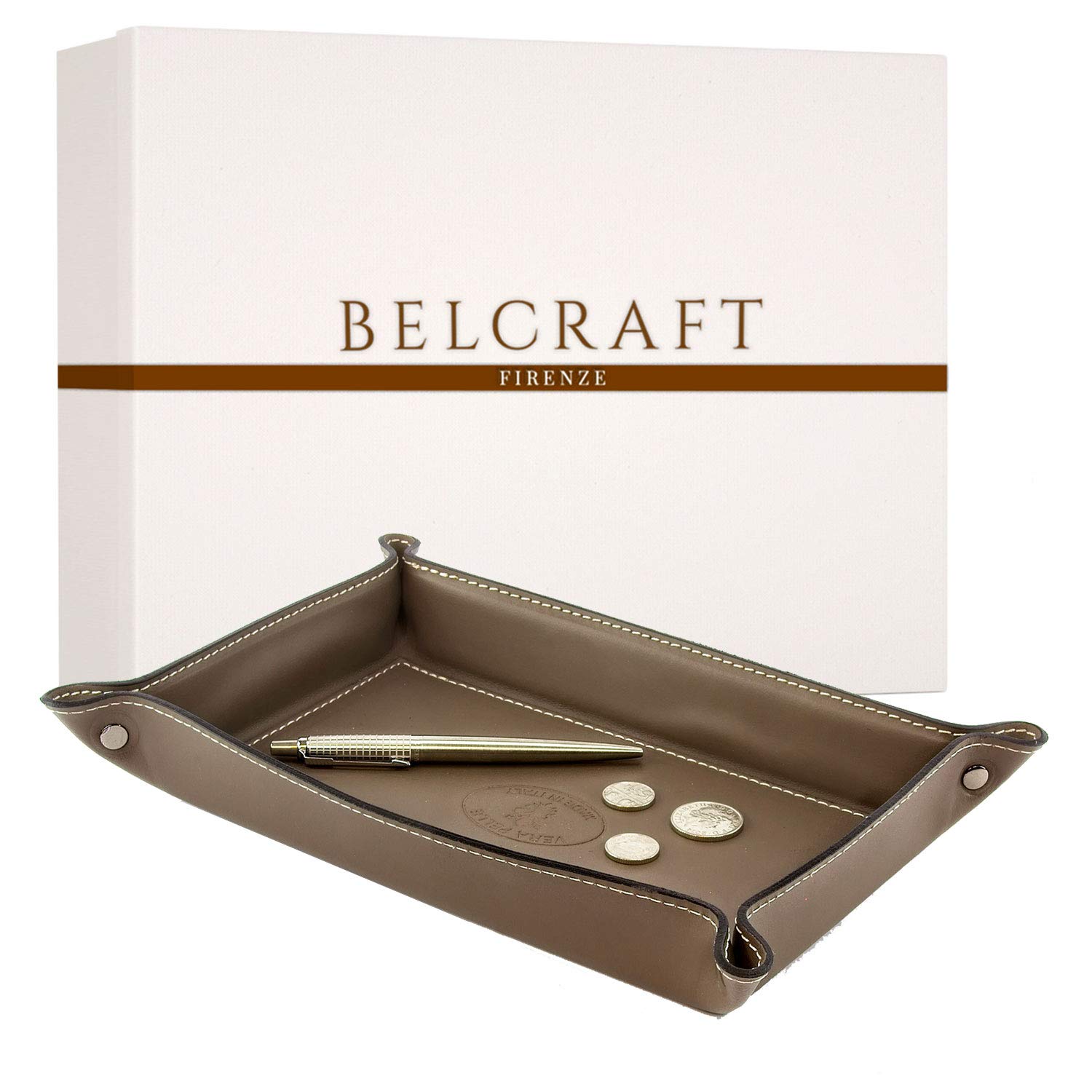 BELCRAFT Orvieto Leather Tidy Tray, Handmade Classic Italian Style, Key Wallet, Coin Box, Taupe (28x19 cm)