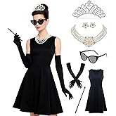 Kimoruro 7 pcs 1920s Women's black dress with Pearl Necklace Earrings Gloves Sunglasses for Halloween Costume Cosplay Outfit