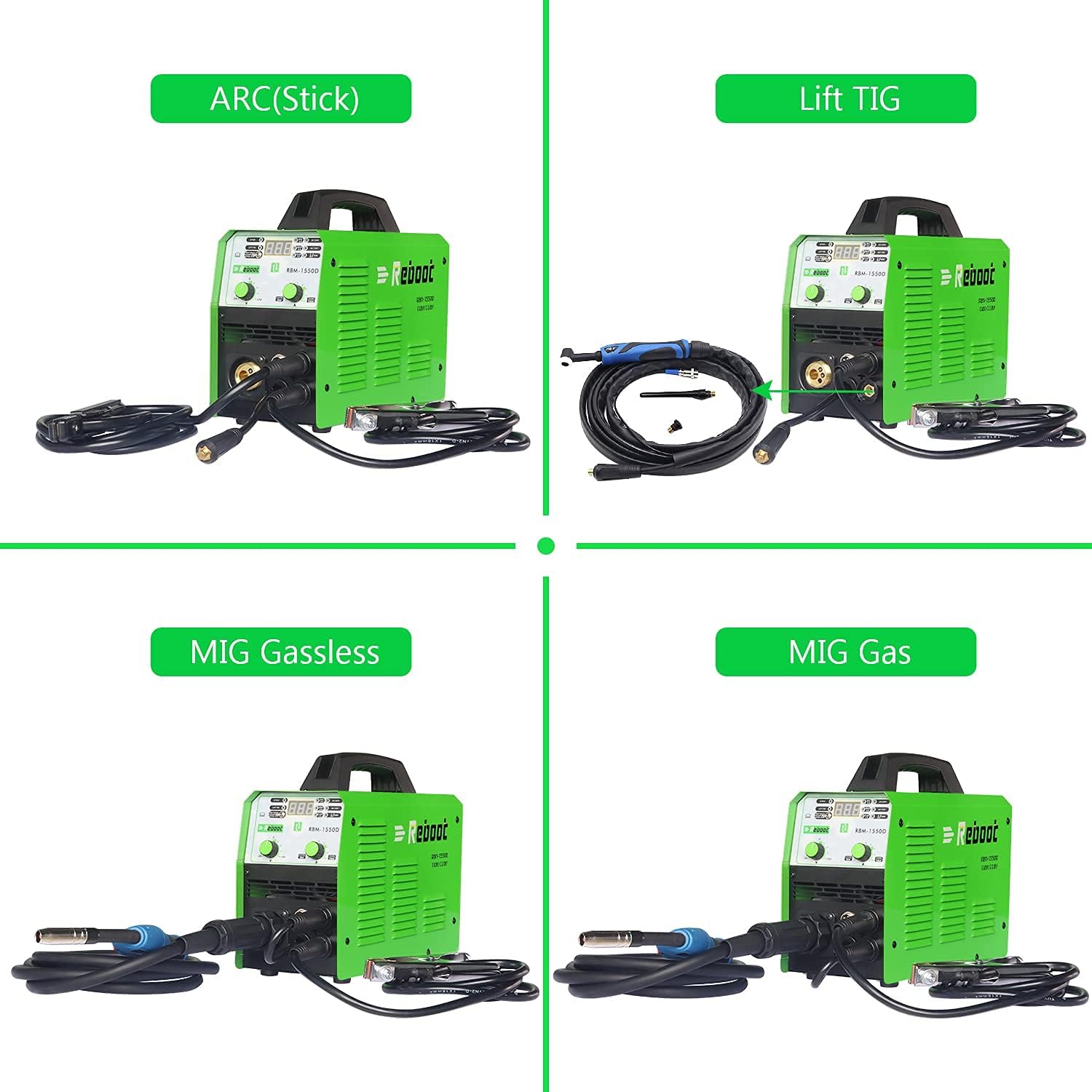Reboot MIG Welder Flux Core 5 in 1 110/220V MIG155D Gas/Gasless 155 Amp Spool Gun Available Stick Mig TIG Welding Machine Solid Wire Automatic Feed Inverter MMA ARC Welding - - 