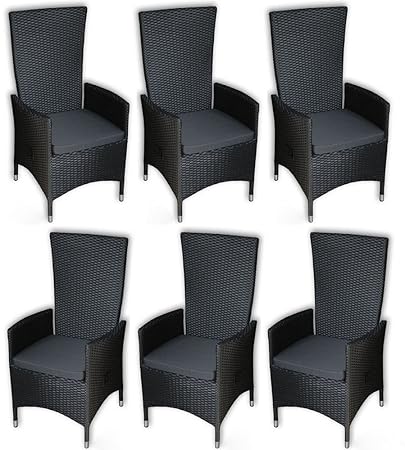 KMH®, 6er Set Polyrattan Hochlehner Tjorben schwarz incl. Kissen (stufenlos verstellbare Rückenlehne - 4 String) (#106250)