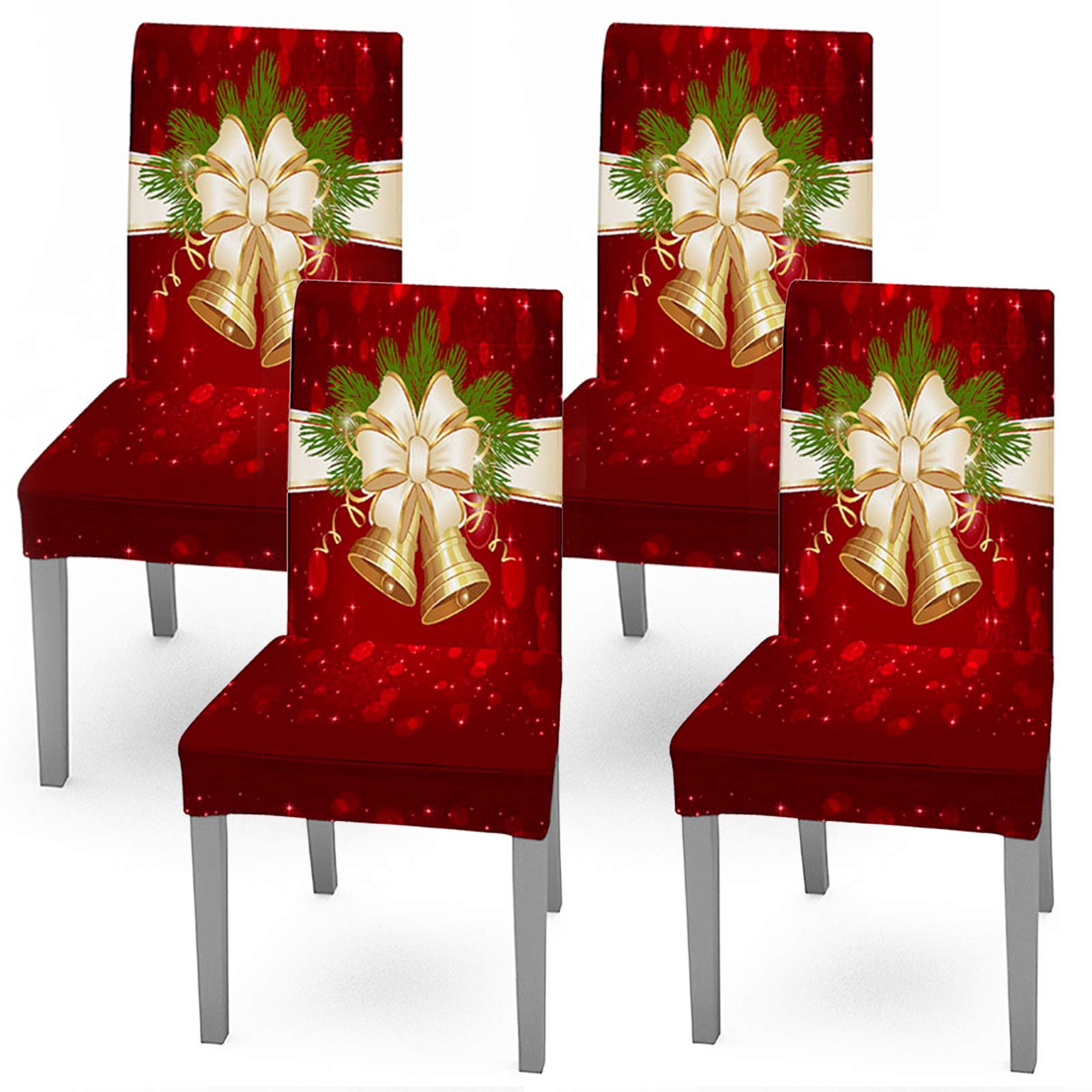 Whaline Christmas Chair Protector Stretch Elastic Chair Cover Red Jingle Bell Pattern Seat Cover Slipcovers for Christmas Party Kitchen Home Living Room Hotel Office Decoration, 4Pcs