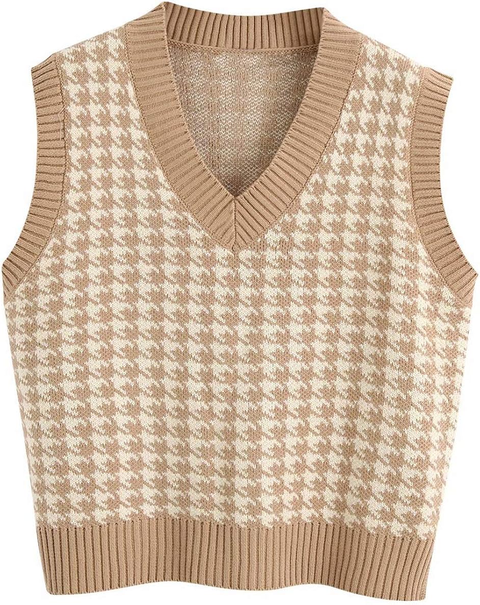 Sdencin Women Houndstooth Pattern Knit Sweater Vest Sleeveless Loose V-Neck 90s Waistcoat Pullover Knitwear Top at  Women’s Clothing store