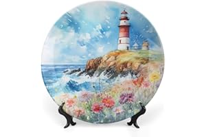 Gokays Lighthouse on The Rocks & Wildflower Decorative Plates, Watercolor Painting Display Plate for Home Office Kitchen Table Decor, Porcelain Plates Ornament 10 Inch, Seasonal Decor Supplies