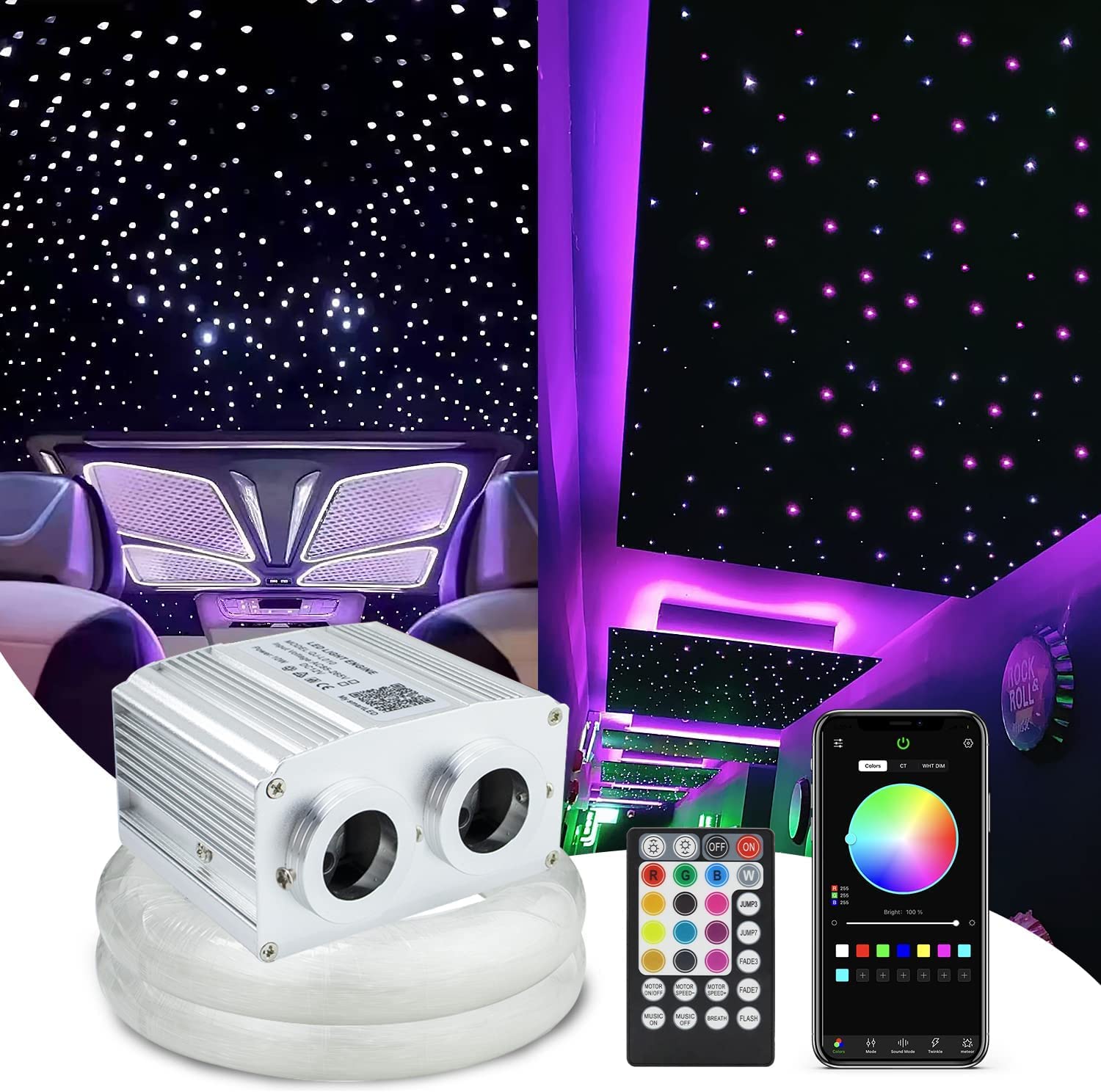 Callsky 16W APP Controlled Car Use Fiber Optic Light Star Ceiling Kit Twinkle, LED RGBW Engine Driver with 28key RF Remote Control (530pcs*(0.03in+0.04in+0.06in)*9.8ft)