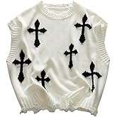BEAUDRM Men's Cross Print Sweater Vests Y2k Ripped Crew Neck Sleeveless Casual Knit Tops Streetwear