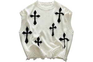 BEAUDRM Men's Cross Print Sweater Vests Y2k Ripped Crew Neck Sleeveless Casual Knit Tops Streetwear