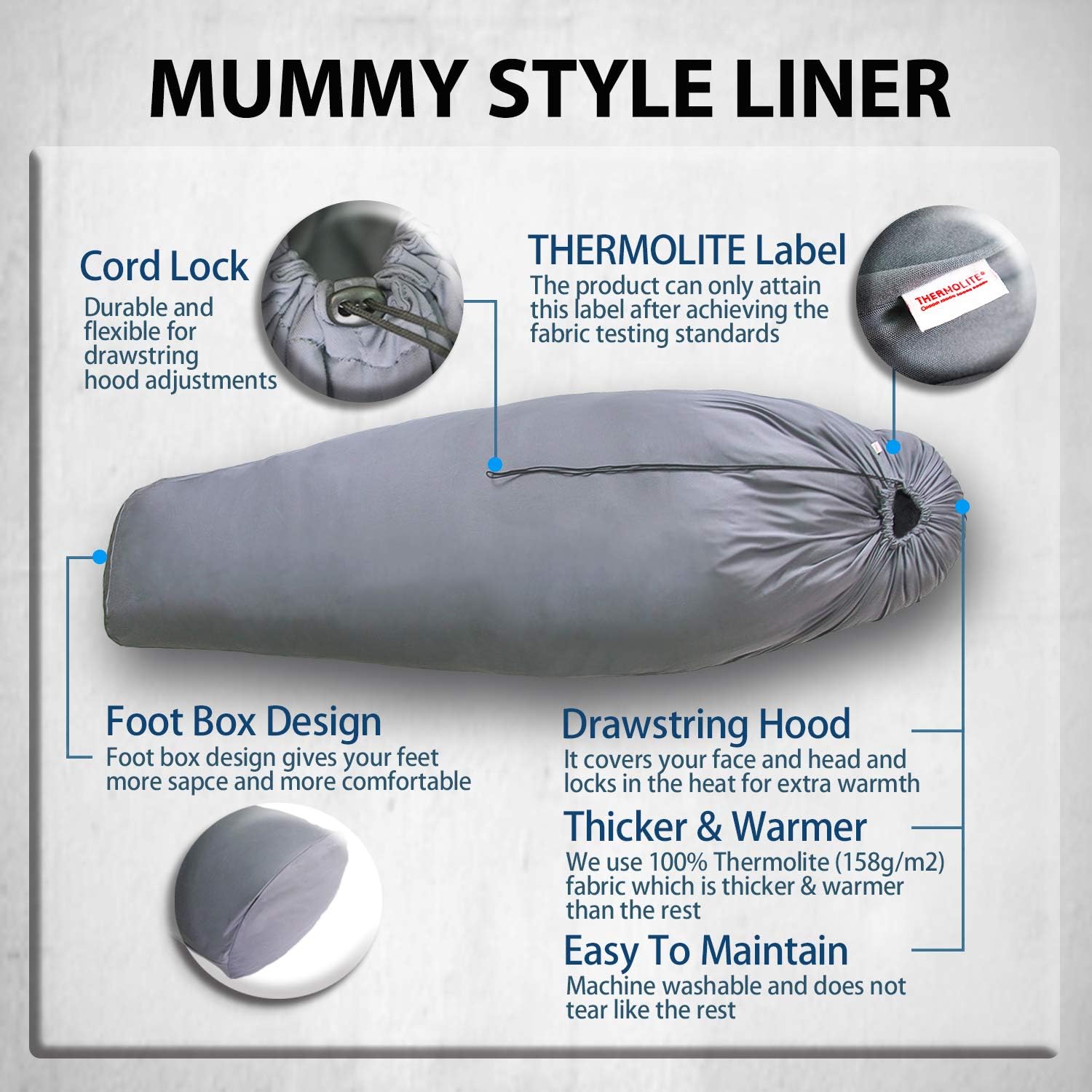 Litume Thermolite All Season Sleeping Bag Liner Add Up to 22F, Mummy Sleeping Sack Backpacking, Camping, Traveling, Lightweight Sleep Sack with Drawstring Hood (E626) : Sports & Outdoors