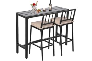 ONLYCTR Outdoor Bar Chairs and Table, Metal Outdoor Bar Set, 3 Piece Patio Bar Table Set with Bar Stools & Cushions for Backyard, Porch, Bistro, Balcony (Black, 47" Table, 2 Vertical Back stools)