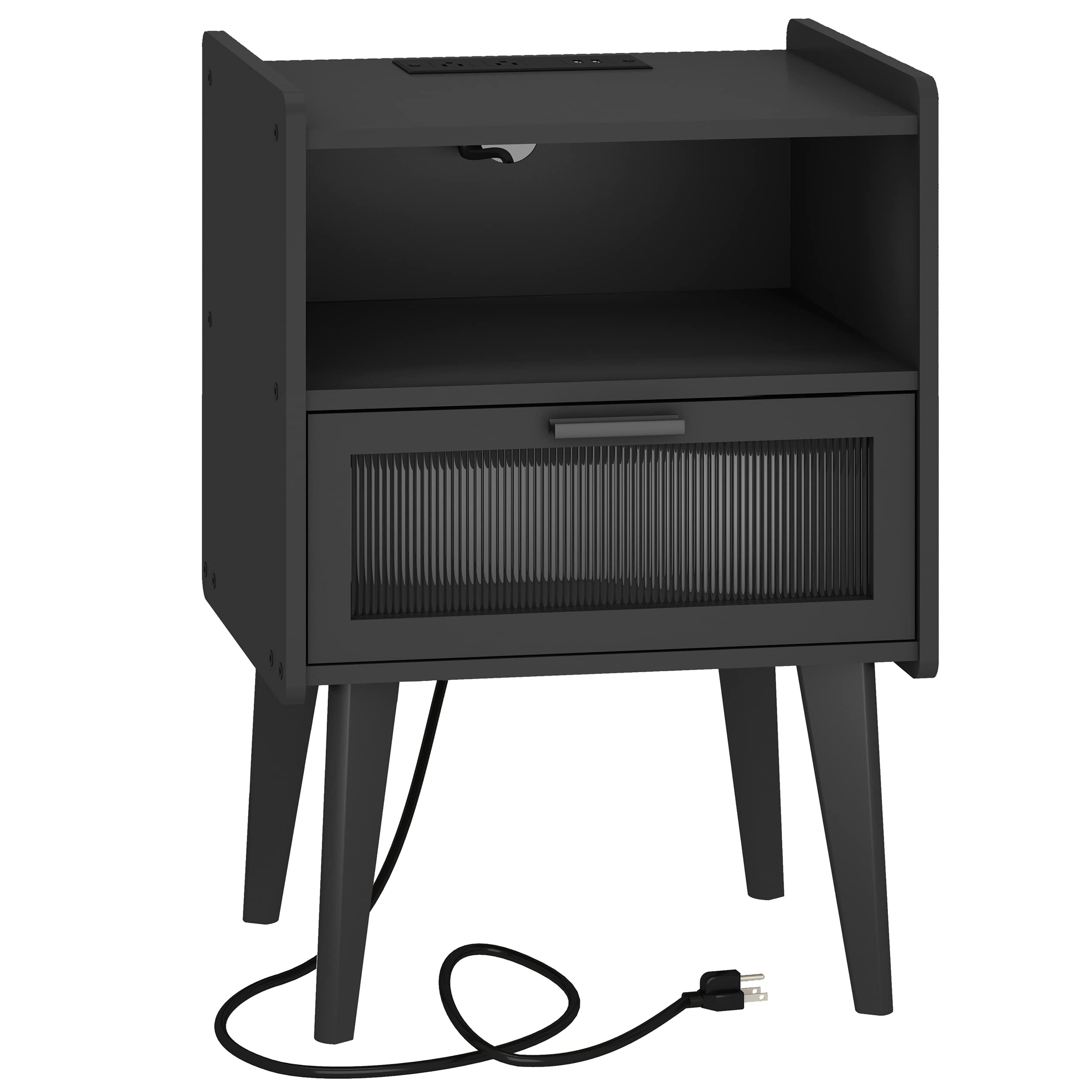 Photo 1 of MMEOLUOOK Nightstand with Charging Station, Bedside Tables, End Table Side Table with 2 Tiers Storage Space, for Bedroom, Living Room, Black MLBZ07BE
