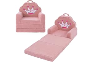 MOONBEEKI Toddler Princess Folding Chair, Soft Sherpa, Convertible Sofa to Lounger, Washable Cover, Kids Furniture for Living Room, Playroom, Bedroom, Ages 1-3, Birthday Gift, Pink