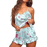 Ekouaer Satin Pajama Set for Women 2 Piece Camisole Top and Shorts Silk Lingerie with Ruffle Floral Nightwear