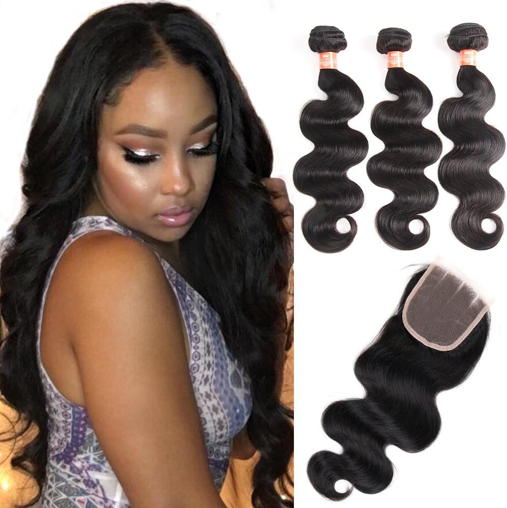 Levergreen Hair Brazilian Virgin Body Wave Hair 3 Bundles with Closure 8A 100% Unprocessed Brazilian Body Wave Human Hair Weft with Lace Closure Brazilian Body Wave (18 20 22 with 16 Three part)