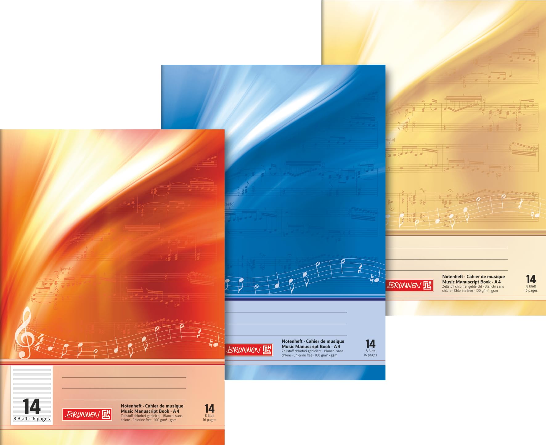 Brunnen 1046340 Sheet music (A4, 8 sheets, ruling 14, with extra pages), assorted colors