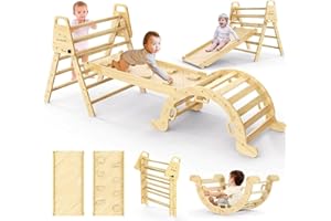 FLYOUTH 7 in 1 Pikler Triangle Set with Handles Foldable Climbing Toys for Toddlers Indoor Oudoor Montessori Climbing Set with Arch, Ramp and Ladder, Safe & Durable Wooden Baby Climbing Jungle Gym