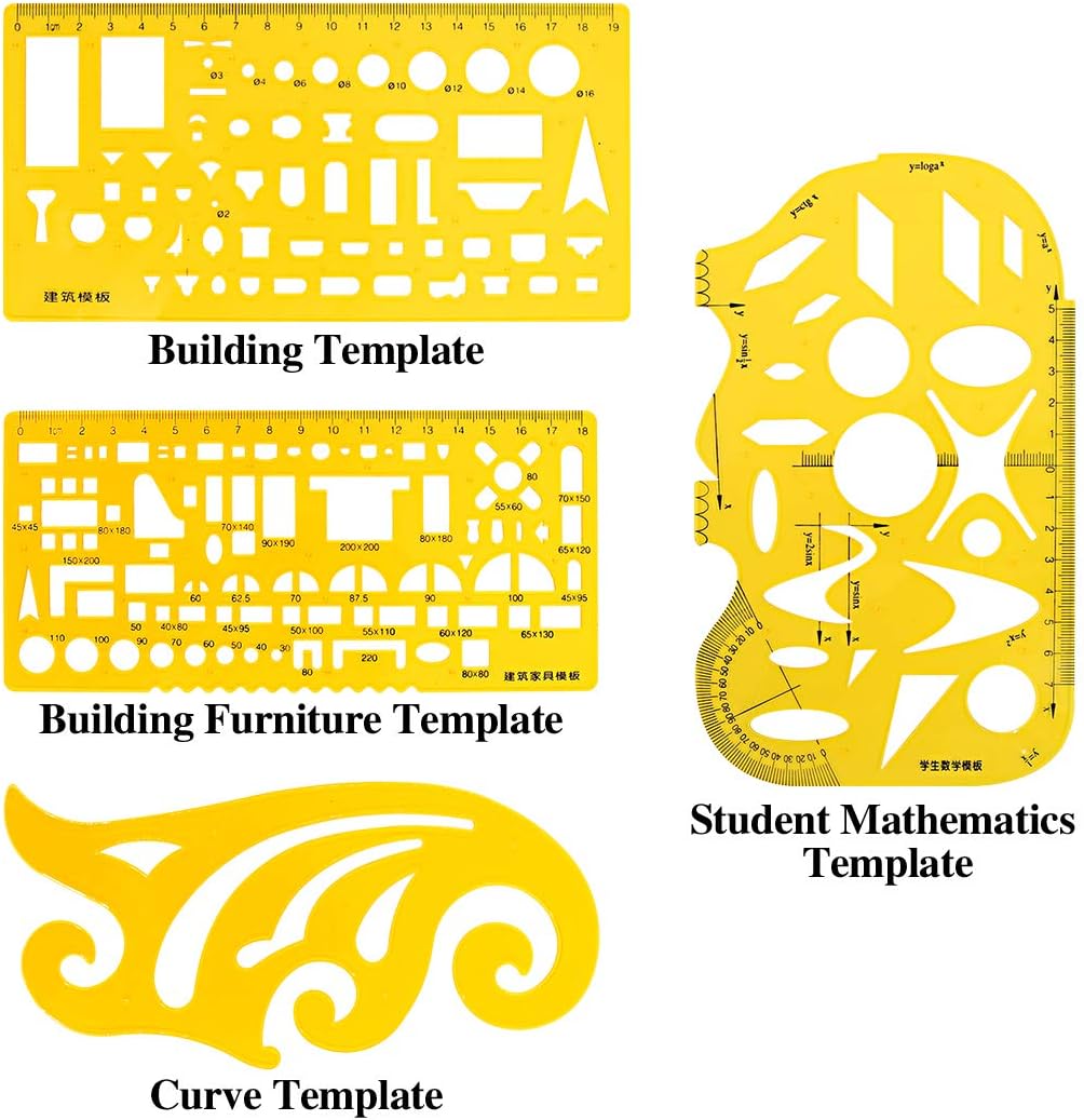 Swpeet 18Pcs Plastic Yellow Geometric Drawings Templates Kit, 10 Different Geometric Measuring Drawings Templates Stencils with 2Pcs Pencil and 5Pcs Measuring Ruler for Drawing Engineering Drafting : Office Products