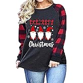 SECETKET Gnome Christmas Shirts for Women Plus Size Christmas Shirt Buffalo Plaid Long Sleeve Tee Holiday Xmas Tops