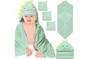 SUBLAGA 4 PCS Hooded Baby Towels, Soft Baby Towel, Absorbent Baby Bath Towel, Baby Towels and 3 PCS Baby Washcloths for Newborns, Toddlers, and Kids, 32x32 in Baby Towel with Hood for Boy and Girl (Dinosaur)