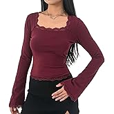 Women Square Neck Lace Top Flare Long Sleeves Sexy Slim Fit Solid Fairy Grunge Shirt Vintage Casual Fall Tops