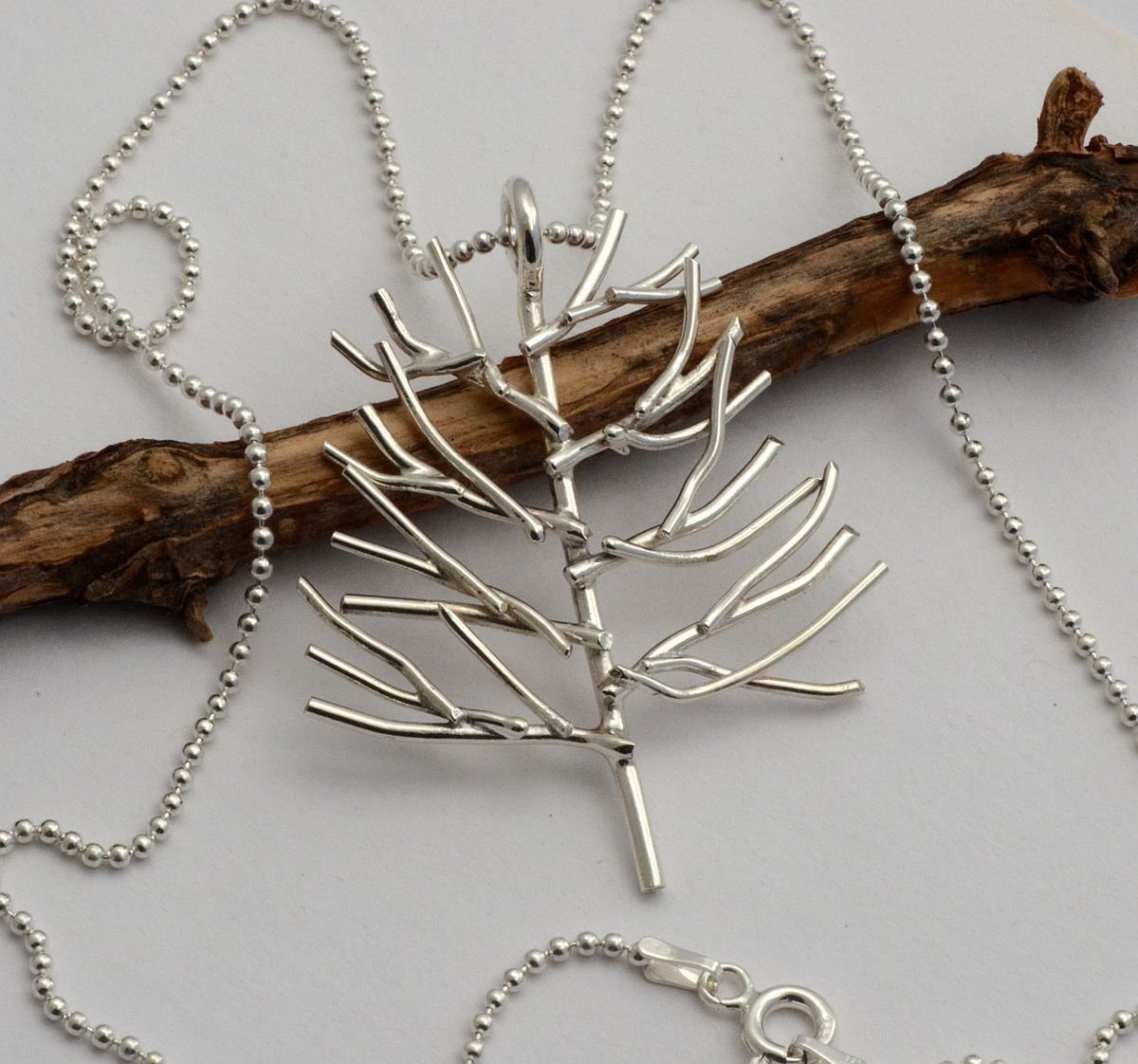 Sterling silver pine tree necklace branch pendant botanical