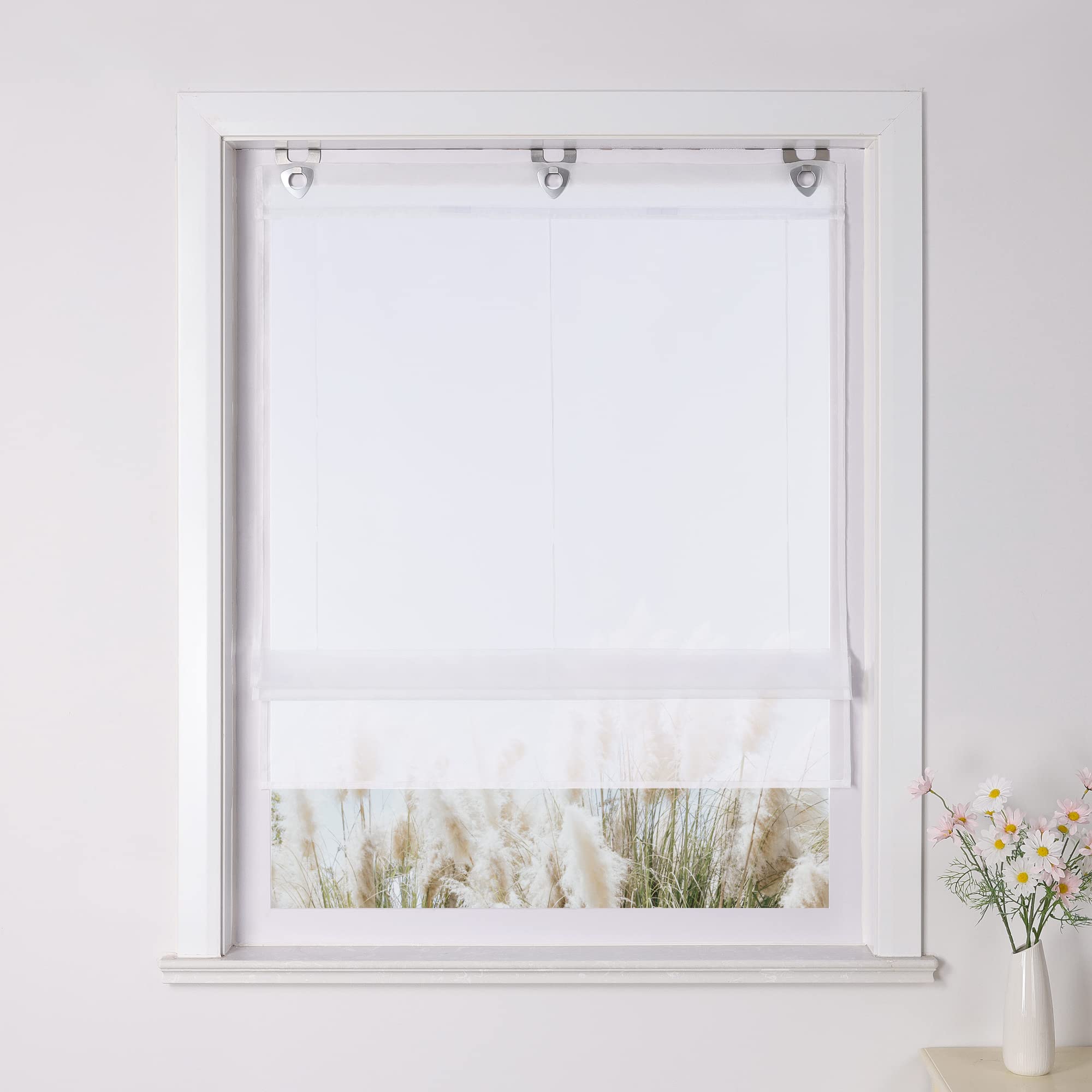 Yujiao Mao Kessy Roman Blind with Piping Transparent Voile Roller Blinds White W x H 80 x 130 cm