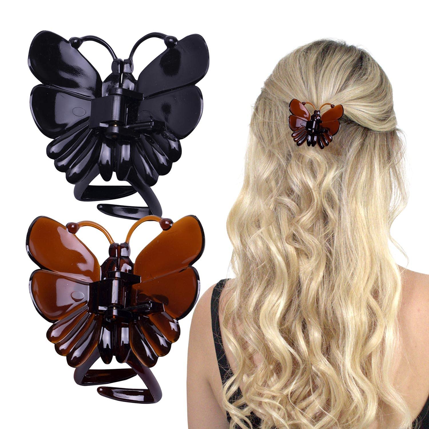 Basic Sense Butterfly French Hair Clamp Claw Clips Strong Hold Plastic grip for Women, A Set of 2pcs, Black & Tortoise Set